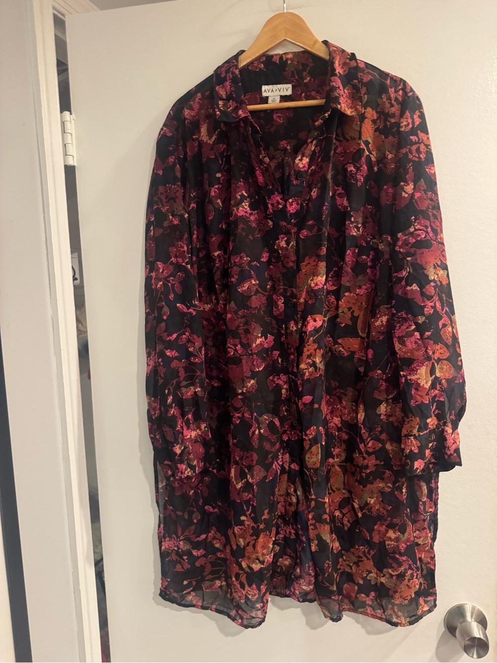 Ava & Viv Black Floral Longline Button-Front Shirt 2X Plus Size Boho